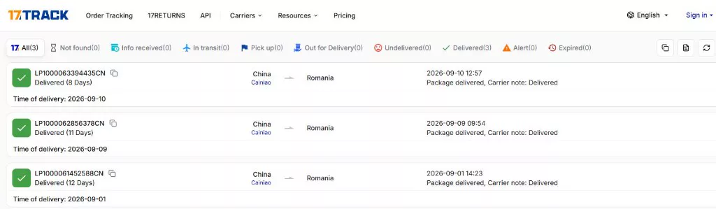 17TRACK — livrări Sakume către România